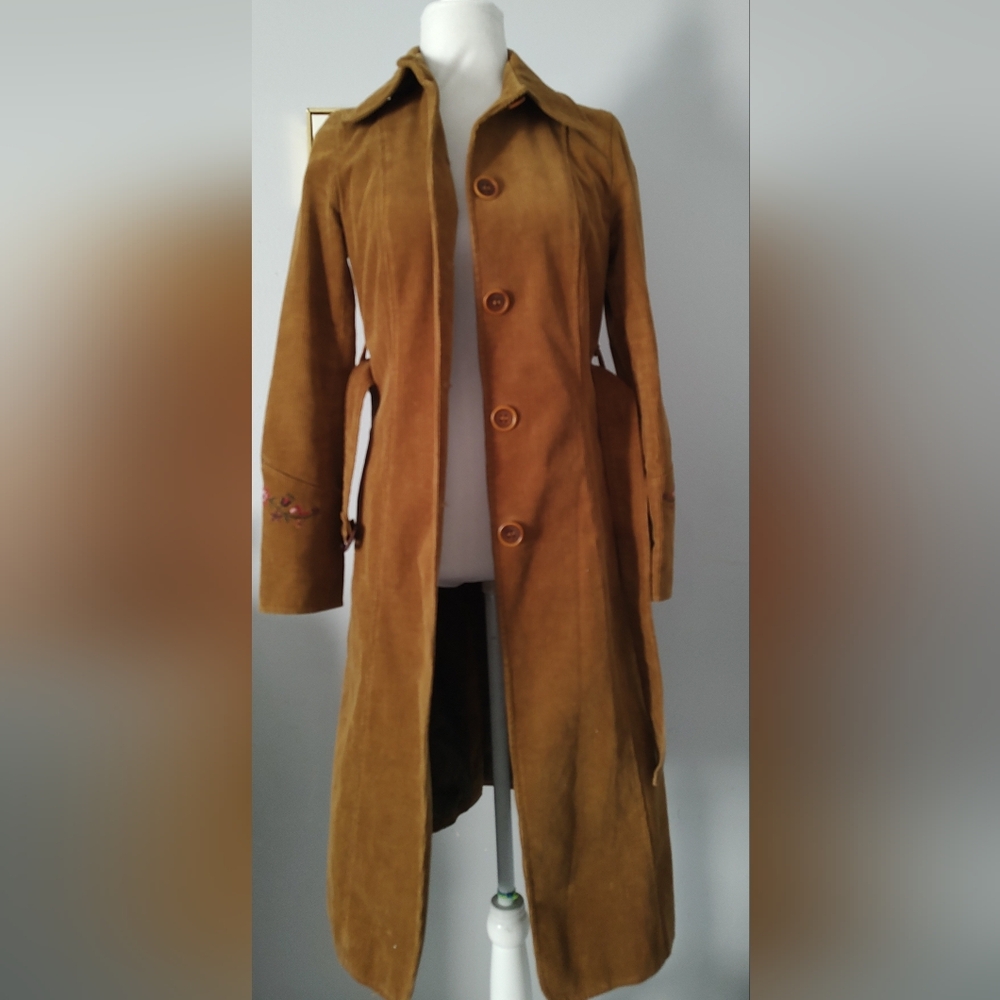Vintage Corduroy Long Jacket Women Jean Basic Style 70s' Embroidery Size Medium - Picture 1 of 15